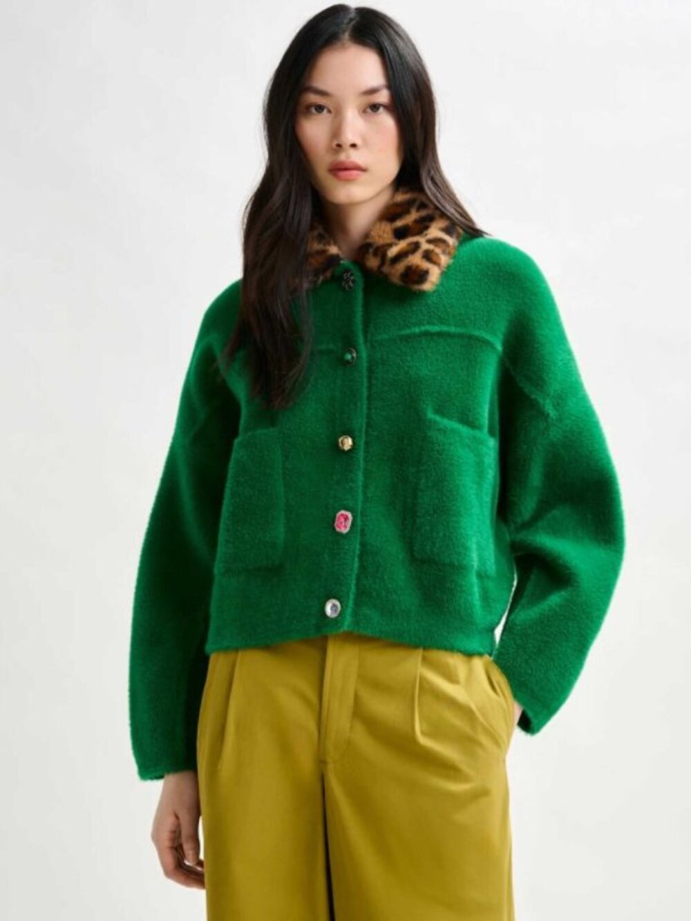 NVLT Eyelash Knit Bomber Coatigan Green Leopard Faux Fur Collar Jacket
